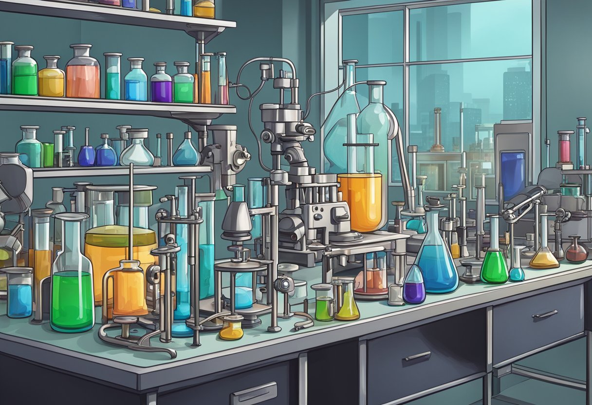 Una mesa de laboratorio desordenada contiene vasos de precipitados, tubos de ensayo, matraces, pipetas y microscopios. Varios equipos de laboratorio están ordenados de forma ordenada para experimentos científicos