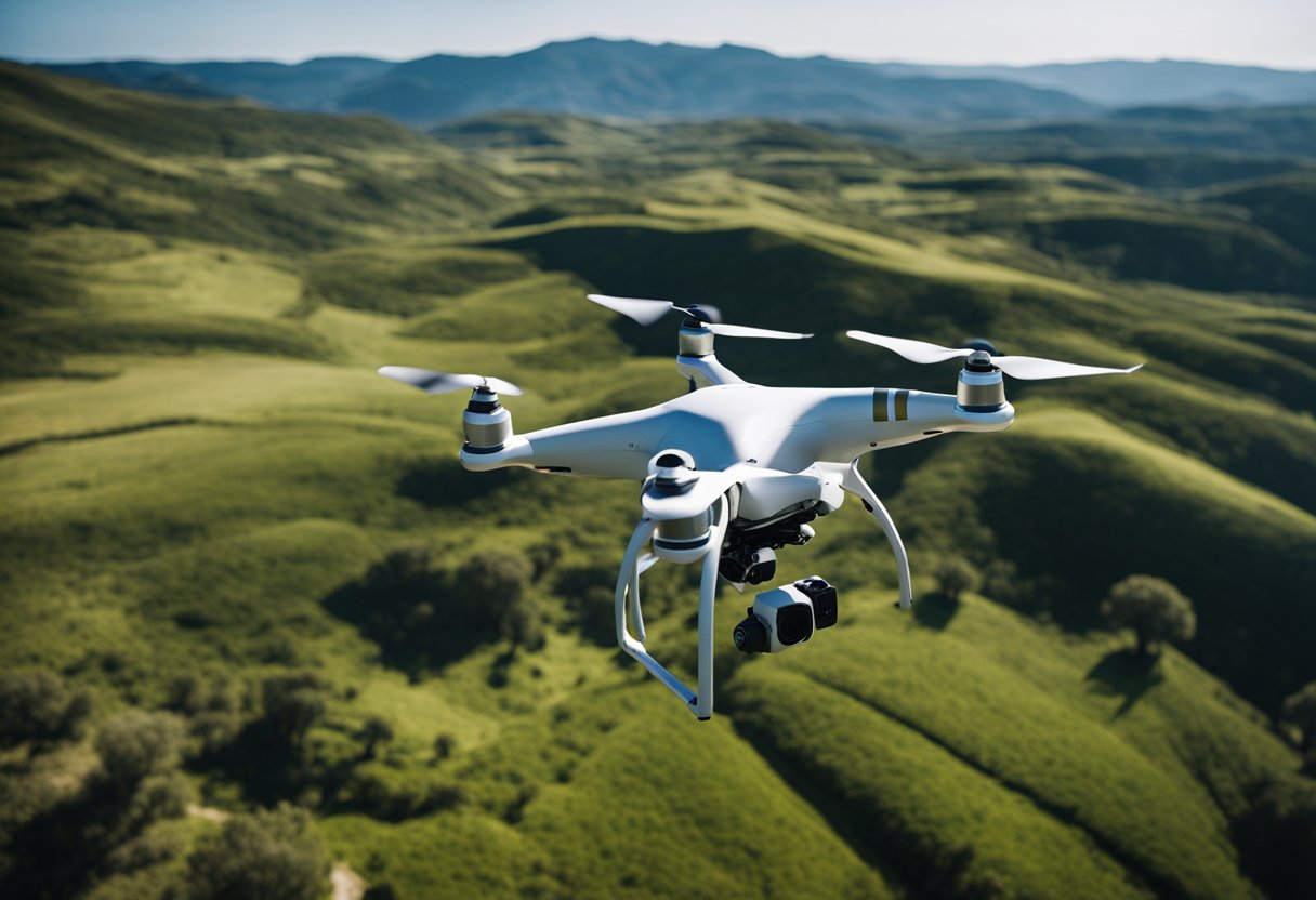 Un dron sobrevuela un paisaje remoto, recopilando datos para la investigación científica investigación. Su cámara captura el terreno que se encuentra debajo, mientras que sus sensores recopilan información valiosa para su análisis