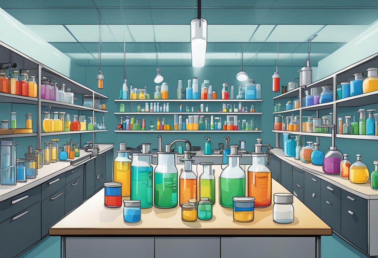 Un laboratorio con diversos equipos: vasos de precipitados, tubos de ensayo, mecheros Bunsen, microscopios y gafas de seguridad. Los estantes contienen productos químicos y suministros. Hay una ducha de seguridad y un extintor de incendios visibles
