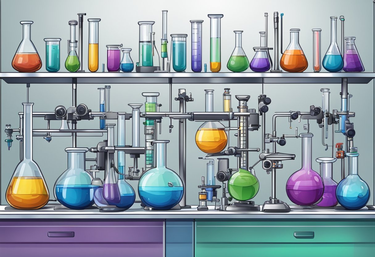 Vasos de precipitados, matraces, tubos de ensayo, pipetas, mecheros Bunsen, microscopios, balanzas y centrífugas dispuestos sobre mesas de laboratorio