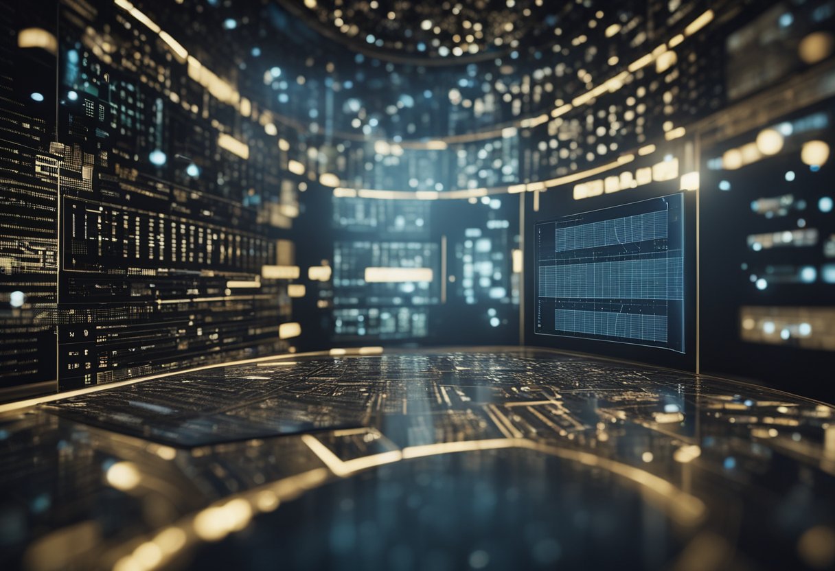 Modelos de lenguaje grandes (LLM) que procesan datos, generan texto y analizan patrones en un entorno digital futurista