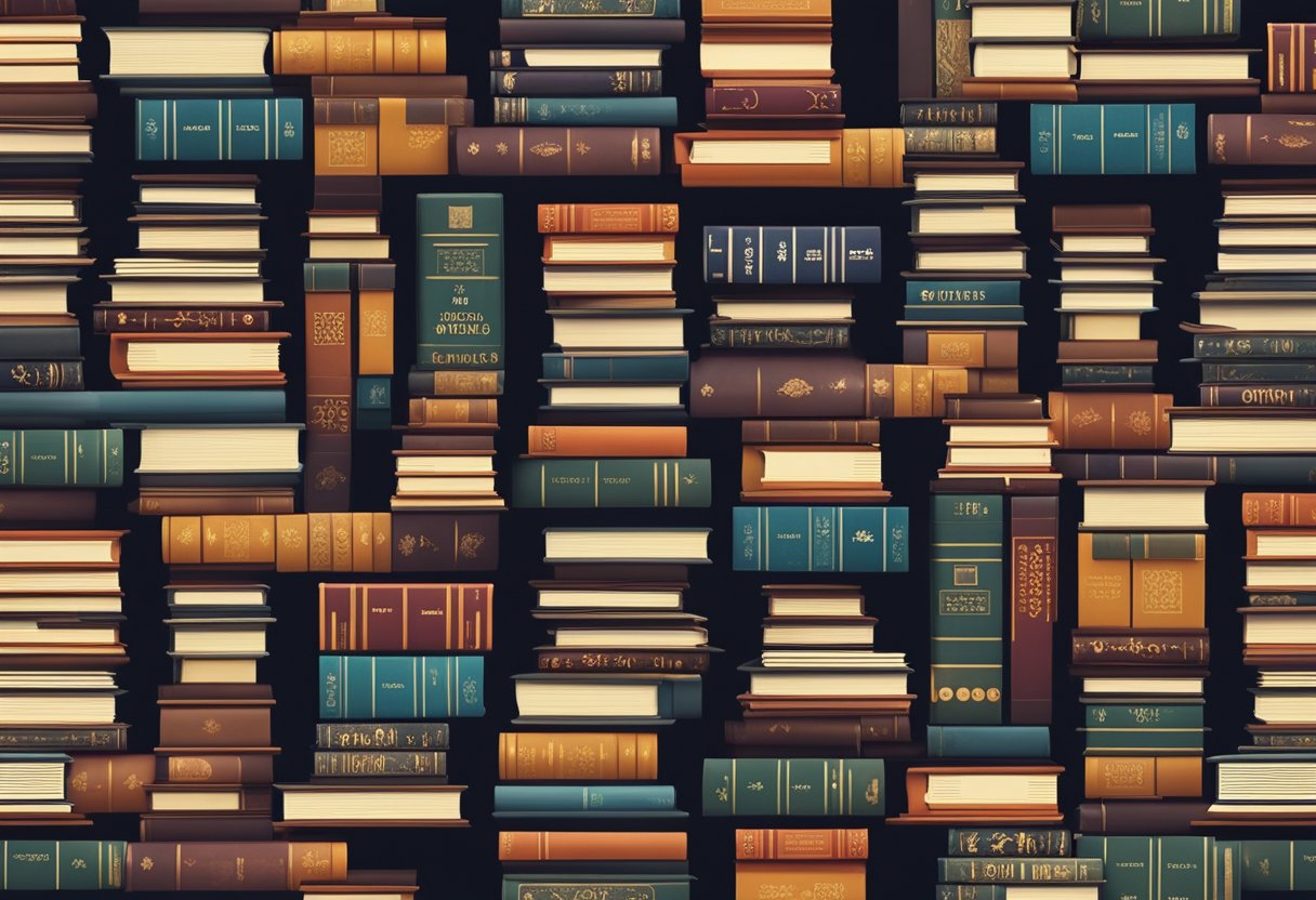 Una enorme pila de libros, con cubiertas coloridas y diseños intrincados, rodeada de dispositivos digitales que muestran varias aplicaciones de procesamiento de texto y lenguaje