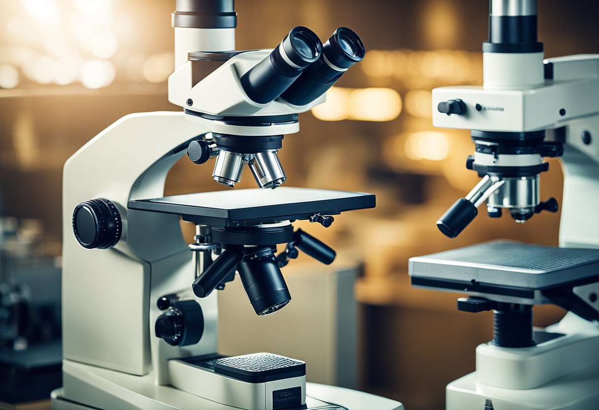 Un microscopio de luz con luz visible y lentes, comparado con un microscopio electrónico que utiliza un haz de electrones para lograr mayor aumento y resolución