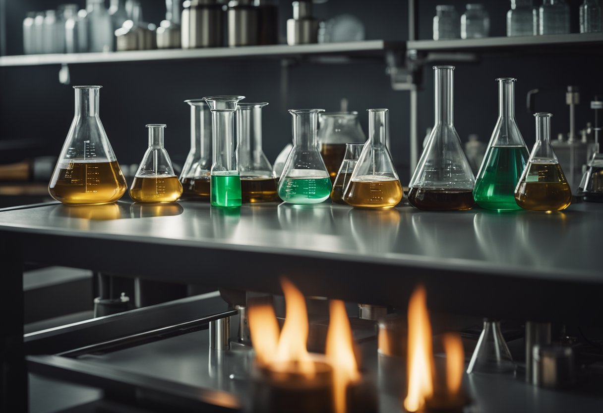 Una manta calefactora se encuentra en una mesa de laboratorio rodeada de vasos, matraces y tubos de ensayo. Un mechero Bunsen arde en el fondo