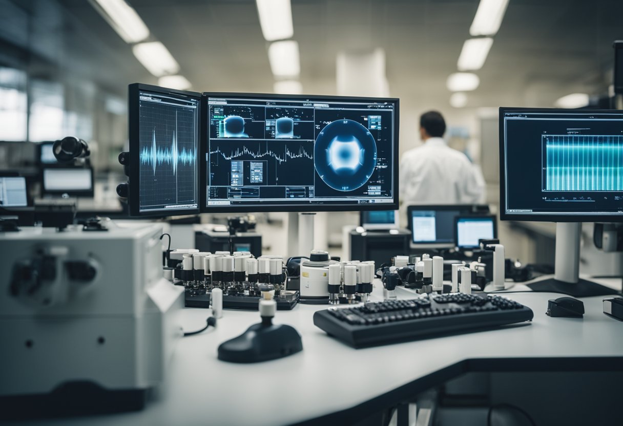 Un entorno de laboratorio con diversos equipos científicos, incluidas cámaras infrarrojas y monitores de computadora que muestran imágenes térmicas