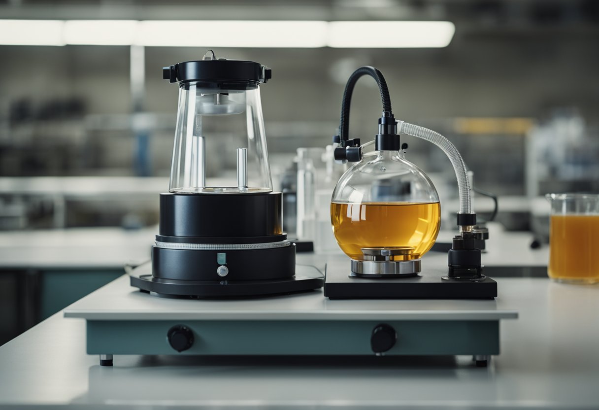 Una manta calefactora se encuentra sobre una mesa de laboratorio, conectada a una fuente de energía. Un matraz de vidrio que contiene un líquido se coloca sobre la manta. El equipo de seguridad, como guantes y gafas, se encuentra cerca