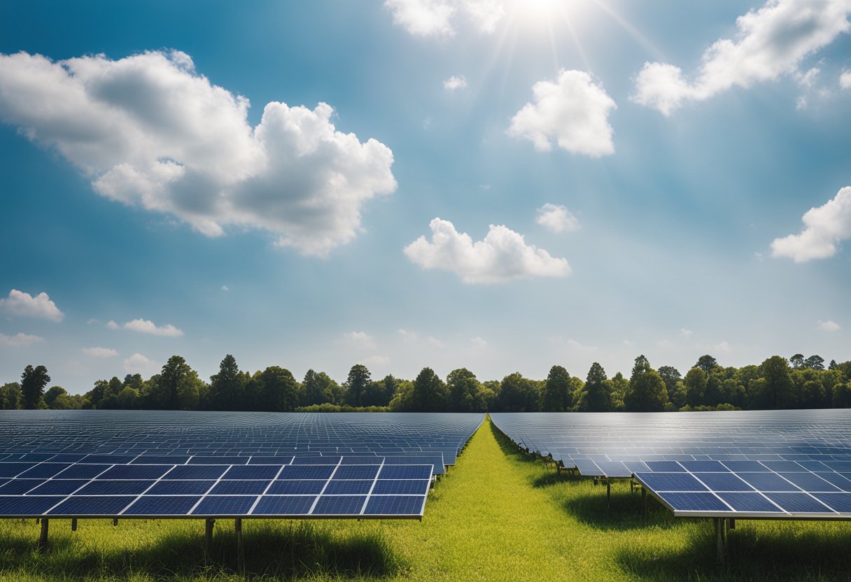 Campo solar con paneles fotovoltaicos bajo un cielo despejado, ilustrando aplicaciones térmicas en la generación de energía renovable.