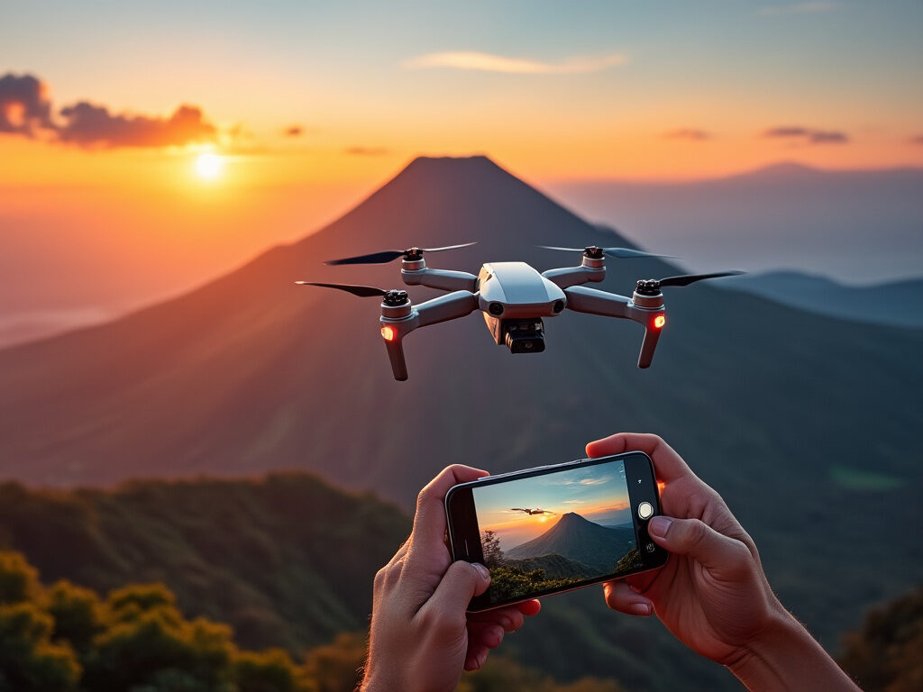 Foto realista de un dron recreativo sobrevolando un paisaje escénico durante la puesta de sol, capturando impresionantes vistas aéreas de un volcán en Guatemala. El dron está siendo controlado por una persona con un teléfono inteligente, mostrando la facilidad y el disfrute de volar con fines recreativos.