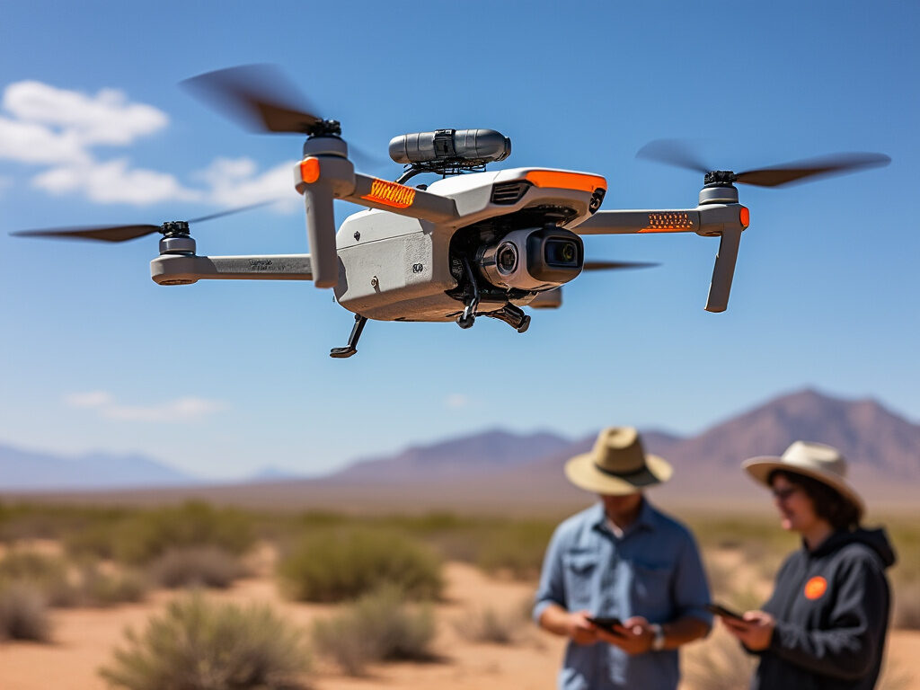 Foto realista de un dron de investigación equipado con sensores de alta tecnología sobrevolando el desierto mexicano, captando datos medioambientales detallados. El equipo de investigación observa la recogida de datos en dispositivos portátiles.