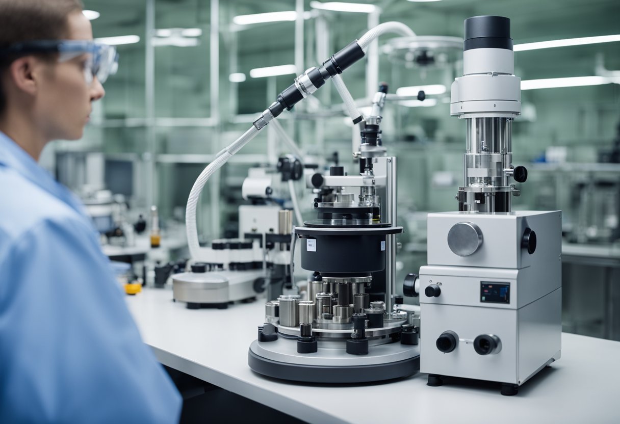 Un laboratorio equipado con una gran bomba de ultra alto vacío conectada a varios instrumentos científicos y cámaras.